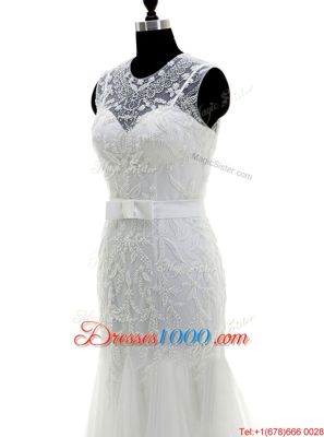 Decent Mermaid Scoop With Train Zipper Bridal Gown White and In for Wedding Party with Beading Brush Train