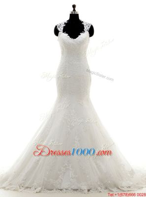 Mermaid Square Sleeveless Wedding Dresses With Brush Train Beading and Lace and Appliques White Tulle