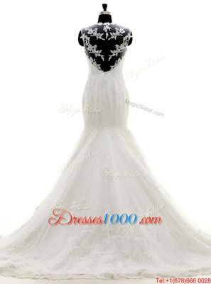 Mermaid Square Sleeveless Wedding Dresses With Brush Train Beading and Lace and Appliques White Tulle