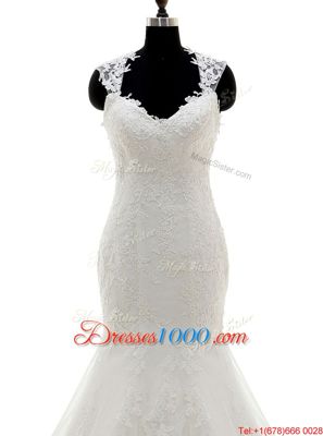 Mermaid Square Sleeveless Wedding Dresses With Brush Train Beading and Lace and Appliques White Tulle