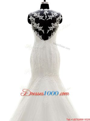 Mermaid Square Sleeveless Wedding Dresses With Brush Train Beading and Lace and Appliques White Tulle