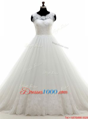 Edgy White A-line Tulle High-neck Sleeveless Lace With Train Zipper Bridal Gown Court Train