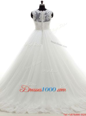 Mermaid White Lace Up Wedding Dresses Beading and Lace and Appliques Sleeveless With Brush Train
