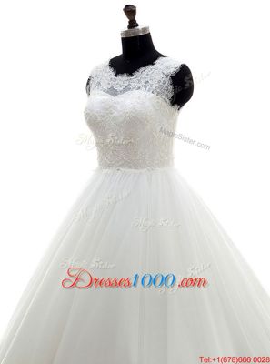 Mermaid White Lace Up Wedding Dresses Beading and Lace and Appliques Sleeveless With Brush Train