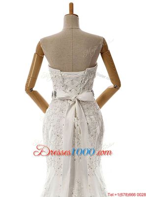 Mermaid White Lace Up Wedding Dresses Beading and Lace and Appliques Sleeveless With Brush Train