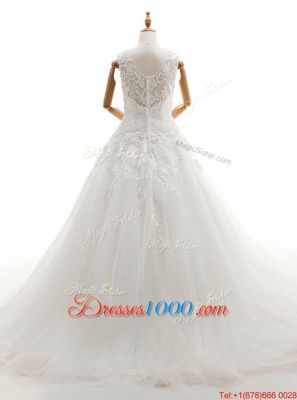 Sleeveless Brush Train Appliques Zipper Wedding Gowns