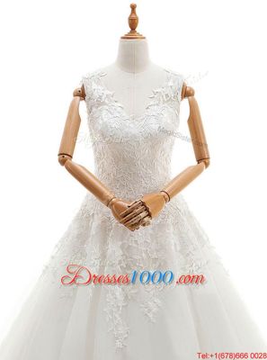 Sleeveless Brush Train Appliques Zipper Wedding Gowns