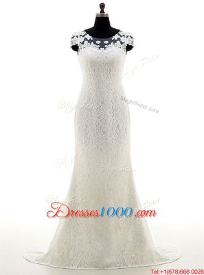 White Scoop Zipper Lace Wedding Dress Brush Train Cap Sleeves
