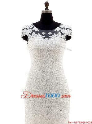 White Scoop Zipper Lace Wedding Dress Brush Train Cap Sleeves