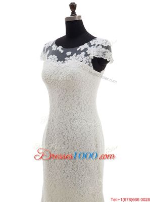 White Scoop Zipper Lace Wedding Dress Brush Train Cap Sleeves