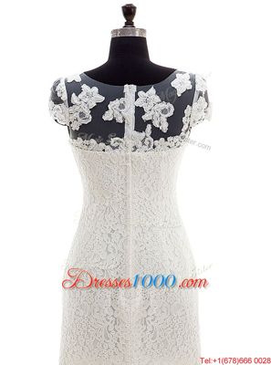 White Scoop Zipper Lace Wedding Dress Brush Train Cap Sleeves
