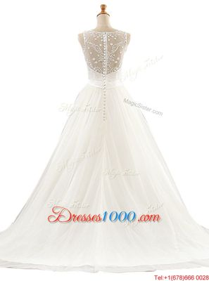 Shining V-neck Sleeveless Tulle Wedding Gowns Lace Brush Train Clasp Handle