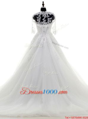 Strapless Sleeveless Tulle Wedding Dress Beading and Lace and Appliques Brush Train Lace Up