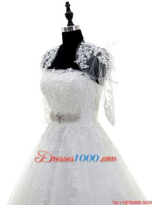 Strapless Sleeveless Tulle Wedding Dress Beading and Lace and Appliques Brush Train Lace Up