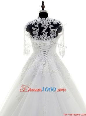 Strapless Sleeveless Tulle Wedding Dress Beading and Lace and Appliques Brush Train Lace Up
