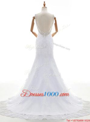 Fantastic Mermaid With Train White Wedding Dress Lace Court Train Sleeveless Beading and Lace