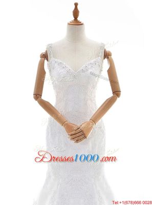 Fantastic Mermaid With Train White Wedding Dress Lace Court Train Sleeveless Beading and Lace