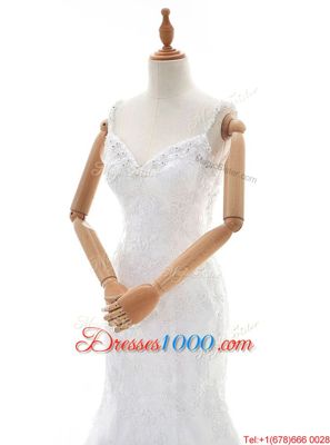 Fantastic Mermaid With Train White Wedding Dress Lace Court Train Sleeveless Beading and Lace
