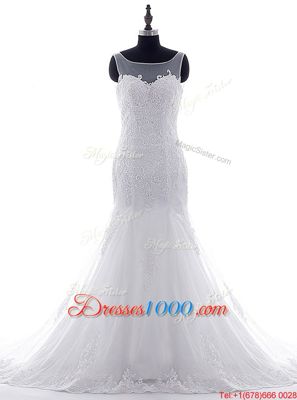 Hot Sale Mermaid Scoop White Sleeveless Tulle Brush Train Lace Up Wedding Gown for Wedding Party