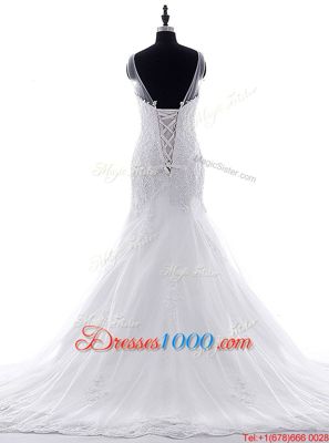 Hot Sale Mermaid Scoop White Sleeveless Tulle Brush Train Lace Up Wedding Gown for Wedding Party