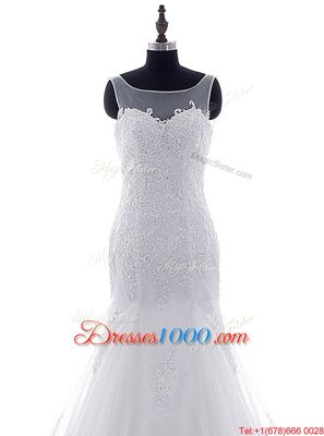 Hot Sale Mermaid Scoop White Sleeveless Tulle Brush Train Lace Up Wedding Gown for Wedding Party