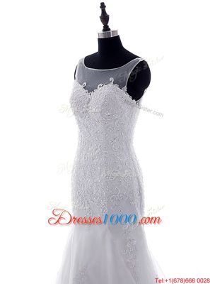 Hot Sale Mermaid Scoop White Sleeveless Tulle Brush Train Lace Up Wedding Gown for Wedding Party