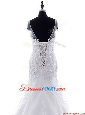 Hot Sale Mermaid Scoop White Sleeveless Tulle Brush Train Lace Up Wedding Gown for Wedding Party