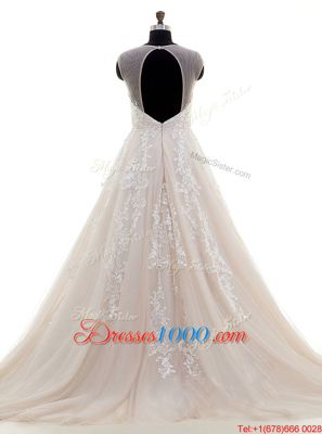 Scoop Cap Sleeves Brush Train Lace and Appliques Zipper Wedding Dress