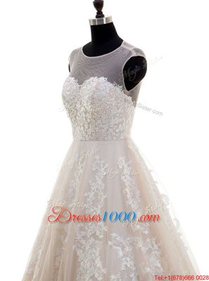 Scoop Cap Sleeves Brush Train Lace and Appliques Zipper Wedding Dress