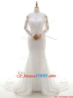 Mermaid Scalloped White Zipper Wedding Gowns Lace Long Sleeves With Brush Train
