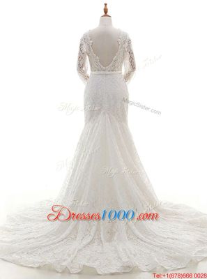 Mermaid Scalloped White Zipper Wedding Gowns Lace Long Sleeves With Brush Train