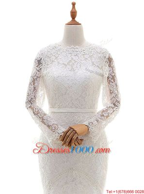 Mermaid Scalloped White Zipper Wedding Gowns Lace Long Sleeves With Brush Train