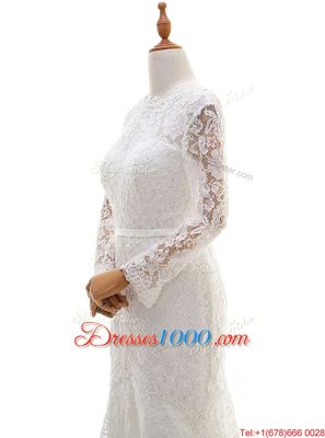 Mermaid Scalloped White Zipper Wedding Gowns Lace Long Sleeves With Brush Train