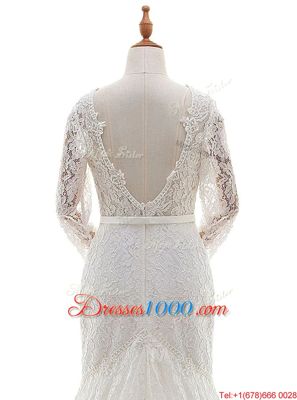 Mermaid Scalloped White Zipper Wedding Gowns Lace Long Sleeves With Brush Train