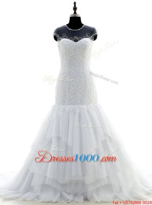 Attractive Scoop Short Sleeves Wedding Gowns With Brush Train Beading and Lace White Chiffon and Lace