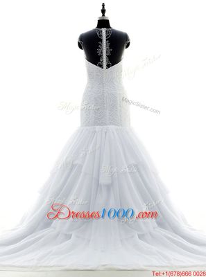 Attractive Scoop Short Sleeves Wedding Gowns With Brush Train Beading and Lace White Chiffon and Lace