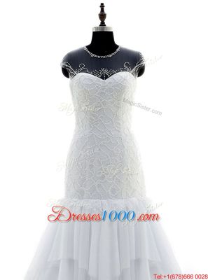 Attractive Scoop Short Sleeves Wedding Gowns With Brush Train Beading and Lace White Chiffon and Lace