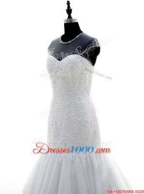 Attractive Scoop Short Sleeves Wedding Gowns With Brush Train Beading and Lace White Chiffon and Lace