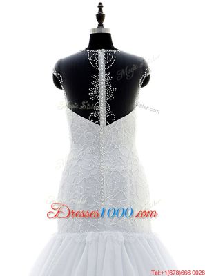Attractive Scoop Short Sleeves Wedding Gowns With Brush Train Beading and Lace White Chiffon and Lace