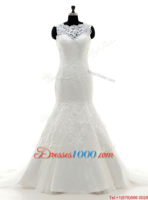 Exceptional Lace With Train White Wedding Dress V-neck Sleeveless Brush Train Backless