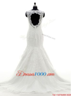 Exceptional Lace With Train White Wedding Dress V-neck Sleeveless Brush Train Backless