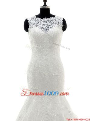 Exceptional Lace With Train White Wedding Dress V-neck Sleeveless Brush Train Backless