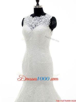Exceptional Lace With Train White Wedding Dress V-neck Sleeveless Brush Train Backless