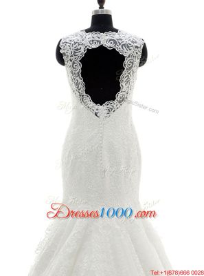 Exceptional Lace With Train White Wedding Dress V-neck Sleeveless Brush Train Backless