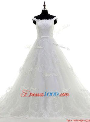 Fantastic Sweep Train A-line Wedding Gowns White Scoop Tulle Sleeveless With Train Zipper