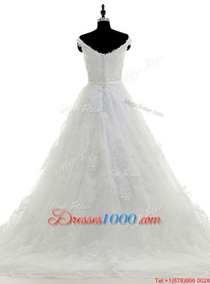 Fantastic Sweep Train A-line Wedding Gowns White Scoop Tulle Sleeveless With Train Zipper