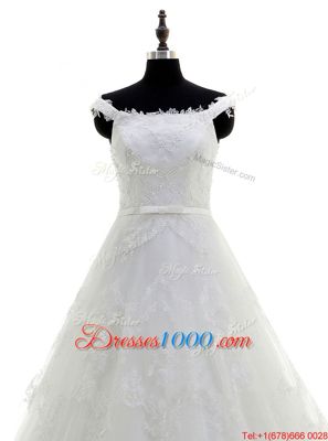 Fantastic Sweep Train A-line Wedding Gowns White Scoop Tulle Sleeveless With Train Zipper