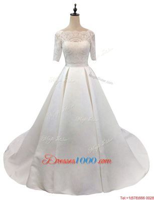 Lace Wedding Dresses White Zipper Half Sleeves With Train Chapel Train