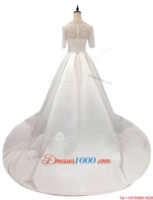 Lace Wedding Dresses White Zipper Half Sleeves With Train Chapel Train
