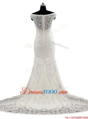 Custom Made White Lace Zipper Wedding Dresses Cap Sleeves With Brush Train Lace and Sashes|ribbons